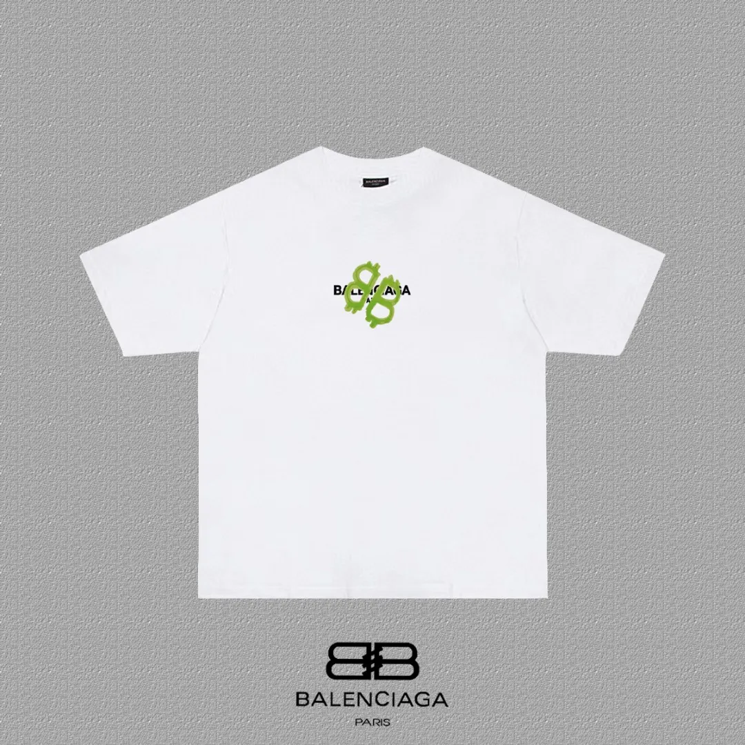P80✨🔥 BALENCIAGA Paris lettering printed short-sleeved T-shirt, custom-woven and dyed 280g combed cotton heavyweight fabric, zero color difference in thread, perfect details, different from the current version on the market, welcome to compare, Same Style for men and women, must-sell in the picture above Color: White Black Size: 1 2 3 4